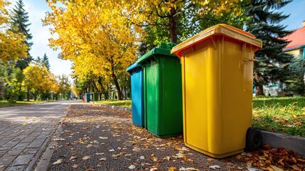 Colorful recycling bins stand beside a leaf-strewn path, embodying sustainable urban living amidst an autumn park. The bins, symbols of eco-conscious waste.