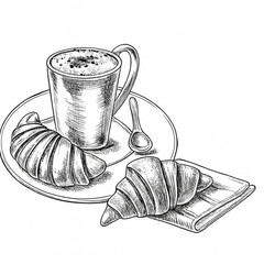 Enjoy a delightful morning with freshly baked croissants and creamy latte, a perfect start to your day, originally vector art