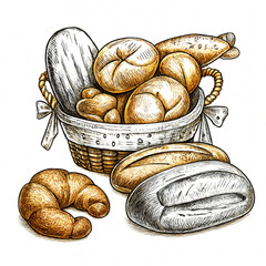 Artistic bread assortment in basket, freshly baked goods, perfect for bakery promotions, cafe menus and food blogs