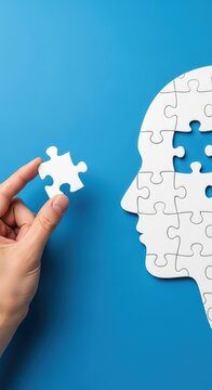The hand inserts the last piece of the puzzle into the head, symbolizing a complete thought and clear understanding
