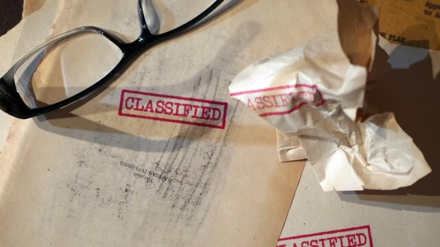 An old  sensitive documents and secret information with the stamp CLASSIFIED dolly shot