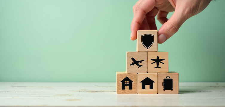 Hand places cube with shield icon on stack of wooden blocks. Other blocks show home plane and luggage. Safety travel insurance concept on white table against green background.