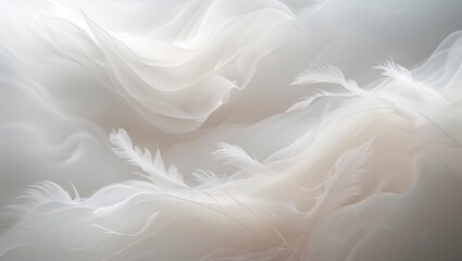 Soft white feathers blend softly with elegant flowing fabric in a gentle, dreamy atmosphere for a serene creative setting