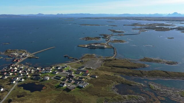 High angle daylight view of Veiholmen village, Smola island, Norway