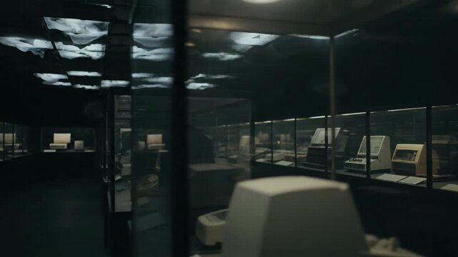 Museum vault showcasing obsolete technology in glass cases. Dimly lit exhibits of vintage computers and monitors. Historical preservation of early electronics footage.