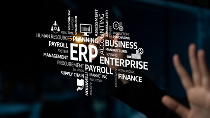 This image showcases a conceptual representation of modern business management, focusing on ERP systems, finance, and supply chain solutions, emphasizing efficiency and innovation. Tessel