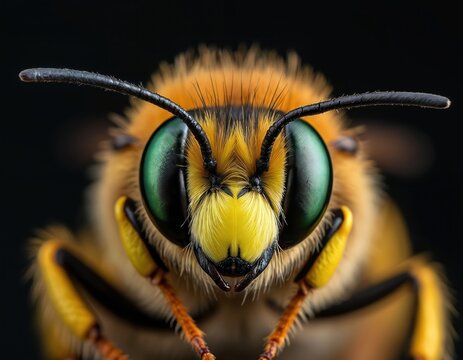 Macro photo of honey bee face with large green compound eyes. Extreme close-up of fuzzy orange insect on dark background. Detailed wild animal portrait shows antennae, bug anatomy, hairy texture for - Powered by Adobe