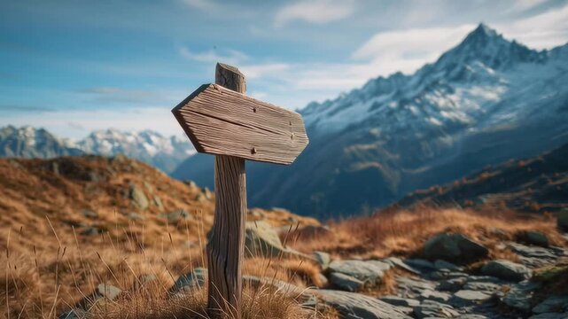 A wooden signpost stands in a field of rocks and grass. The signpost is pointing to the right, and the mountains in the background create a sense of adventure and exploration