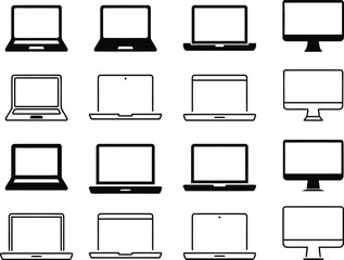 laptop, computer, monitor, screen, icon, set, collection, technology, device, portable, desktop, graphic, design, element, outline, filled, black, white, multiple, variations, display, electronic, dig