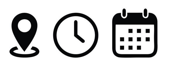 location pin, map marker, clock, time, calendar, date, icons, symbols, planning, scheduling, navigation, appointment, meeting, event, graphic, design, black and white, simple, modern, interface, user 