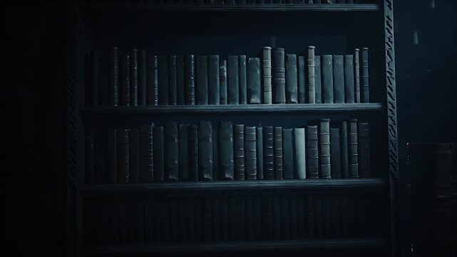 Dusty, shadowy library shelf filled with ancient books under blue glow