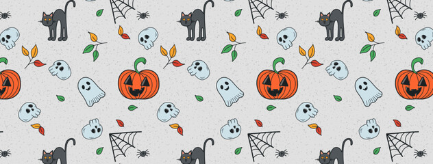 Obraz premium Happy Halloween banner on grey background vector. Cute groovy spooky ghost, pumpkin, skull, spider, black cat. Hand drawn festival wallpaper, illustration in doodle style for decoration, prints.