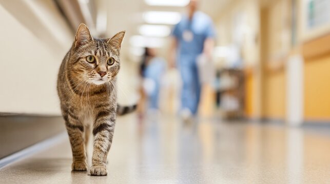 Curious striped cat exploring hospital hallway. Staff walks by. Polished floors. Animal therapy, hospital cat, pet-friendly, caring, health, feline friend, cat, healthcare.