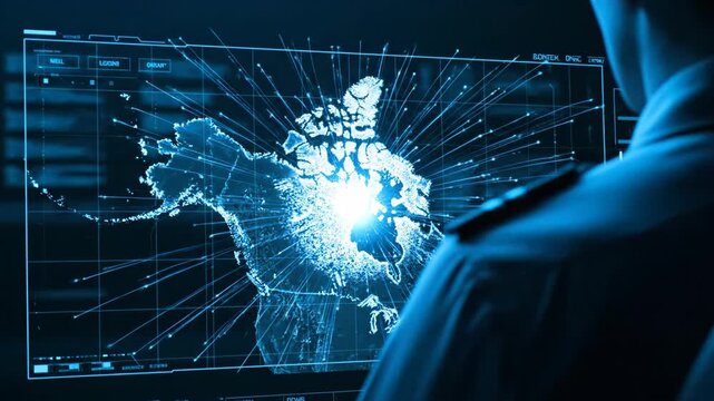 Over-the-shoulder shot of man in uniform viewing digital world map with moving data points converging over Arctic. Cyber surveillance and intelligence analysis concept. Monitoring footage
