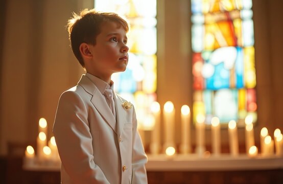 Boy in white suit stands by church altar near glowing candles. Stained glass windows cast colorful light rays. Solemn child participates in religious rite. Sacred event, spiritual moment. First