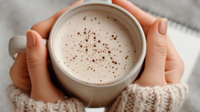 A person is holding a mug of coffee with a white swirl pattern on it. The coffee is topped with a sprinkle of cinnamon. The scene is cozy and inviting