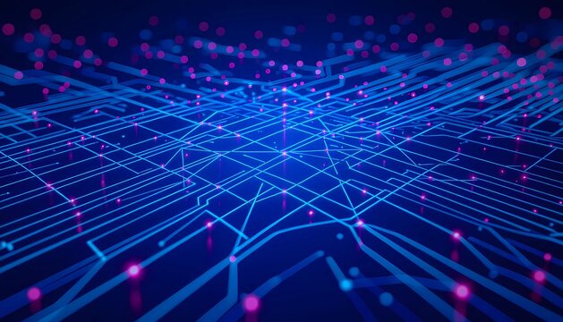 3D Abstract Glowing Blue Digital Network with Neon Lines and Nodes in Space - Powered by Adobe