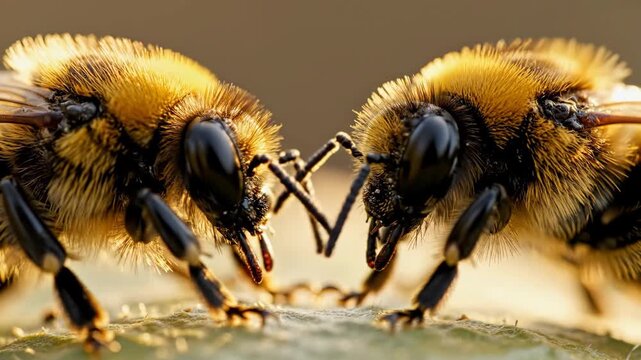 Two bumblebees interacting on a leaf communicating with antennae at golden hour for nature documentary footage.