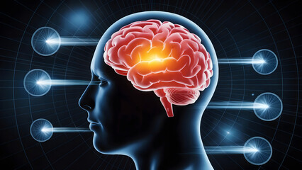 Human head silhouette with glowing brain, artificial intelligence concept, data processing network, futuristic technology background, medical scan, 3d render.