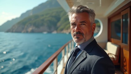 Confident mature businessman on luxury yacht. Man relaxes on boat during sea travel. Male in suit sails at ocean enjoying scenic landscape, rich lifestyle.