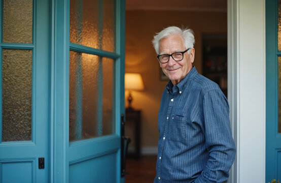 Elderly man with gray hair smiles and wears glasses standing at his house front door. He looks at camera with happiness. Man feels good and confident welcoming guest. - Powered by Adobe