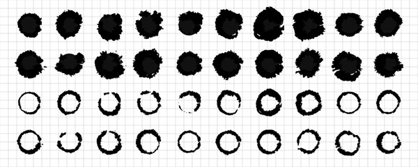 Abstract hand drawn grunge ink paint black circles on grid background