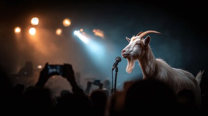 Experience the unexpected as a charismatic goat captivates a crowd, delivering a memorable performance on stage beneath the vibrant glow of stage lights.
