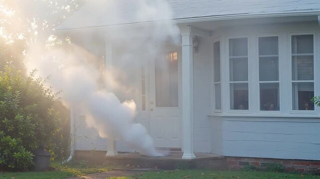 predictability. White smoke gently emerging from door and window cracks in morning light. real-estate listings, architecture portfolios, designed for interior renovation comparisons for interiors.
