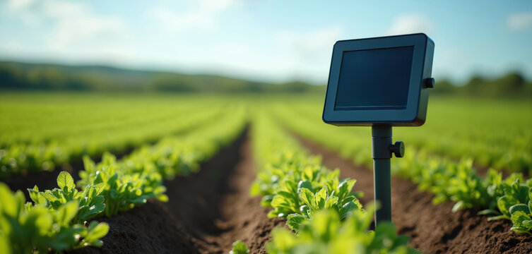 Modern soil moisture sensor monitors crops in agricultural field. Digital device analyzes ground data promoting efficient farming practices. Technology supports sustainable agriculture, increased