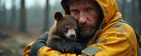 Man in yellow jacket holds small bear cub. Forest rescue worker embraces baby bear, showing animal compassion. Wildlife conservation effort, helping orphaned animal survive.