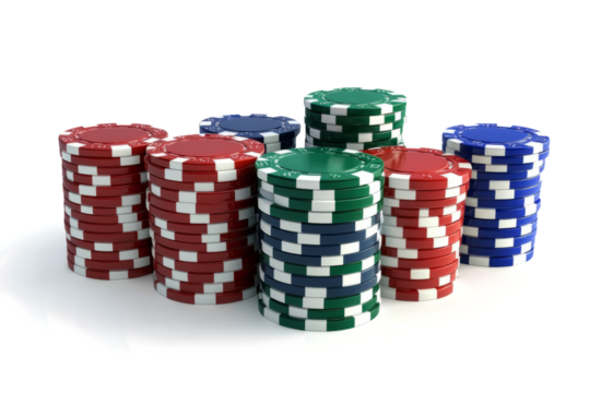 stacks of casino chips on a transparent background