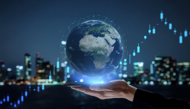 A person's hand holding a glowing globe with city skyline in the background, representing global business and technology
