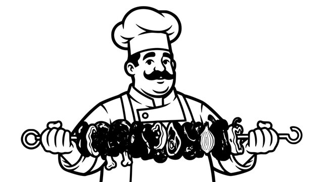 chef holding skewers of food, black and white clip art preview