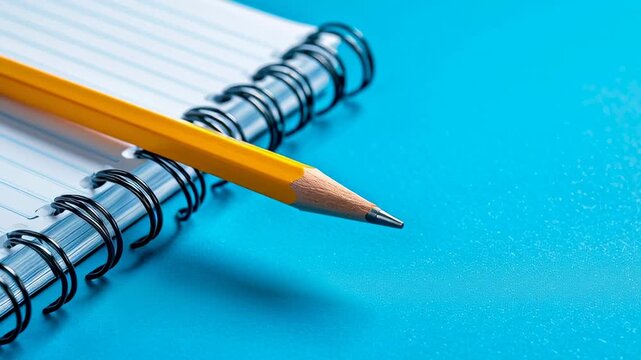 A pencil is on top of a spiral notebook. The pencil is yellow and has a sharp point. The notebook is blue and has a spiral binding