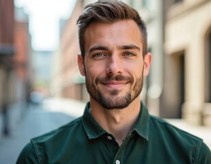 Obraz premium Man with beard smiles outdoors in city street. He wears green shirt. His face shows confidence and ambition. Looking forward positively for new opportunities.