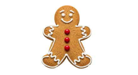 Gingerbread cookie shaped like a man with frosting and candies on white background with copy space