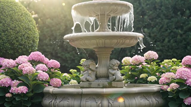 Elegant stone garden fountain with cherub sculptures surrounded by pink hydrangea blooms