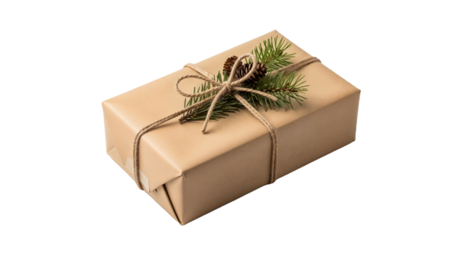 Wrapped gift box with natural decorations on white background with copy space

