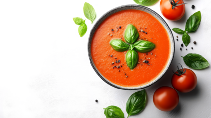  tomato soup with basil in a bowl on a transparent background