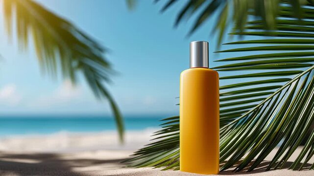 A bottle of sunscreen sits on a beach next to a palm tree. The bottle is yellow and the palm tree is green. The scene is bright and sunny, with the ocean in the background