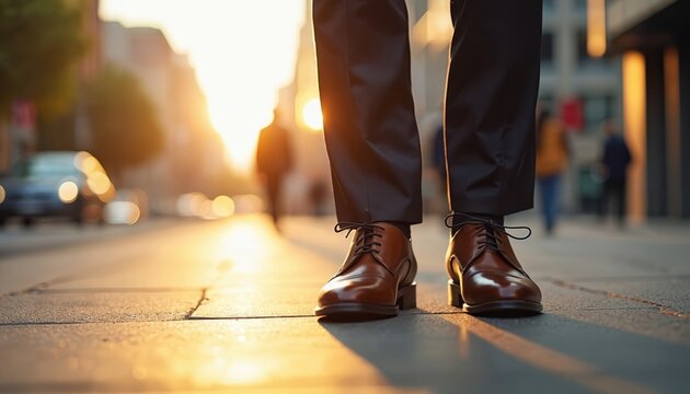 Man in suit walks on city sidewalk towards sunlight. Business person in formal attire strides confidently. Urban life and career concept. Corporate style. Pro atmosphere. - Powered by Adobe