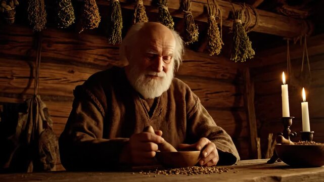 Old man crushing dried herbs in wooden mortar by candlelight for pagan ritual or traditional medicine in a rustic interior, footage.