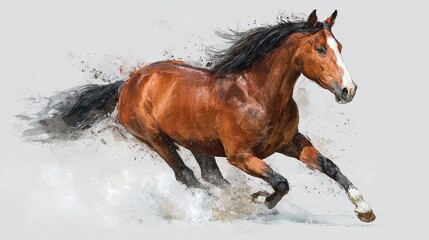 Obraz premium A majestic chestnut horse, captured in a dynamic watercolor style, gallops with wild abandon. Mane flying, a testament to nature's raw beauty and untamed spirit.