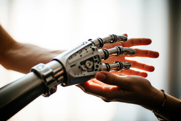 Futuristic Robotic Hand Reaching for Human Hand in Soft Light, Exploring Connection and Innovation