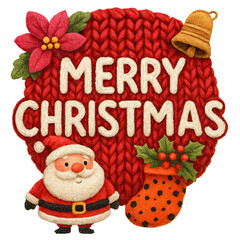 Red knitted heart with "MERRY CHRISTMAS" text, featuring Santa, bell, stocking, poinsettia, and holly