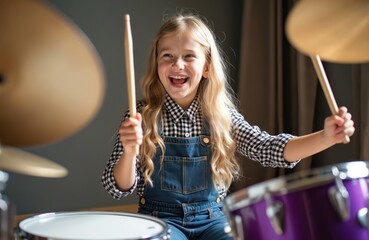Happy little girl plays drums with drumsticks inside music studio. Young child drummer learns percussion instrument at home. Cute kid fun hitting cymbals with joy. Blonde female enjoys energetic