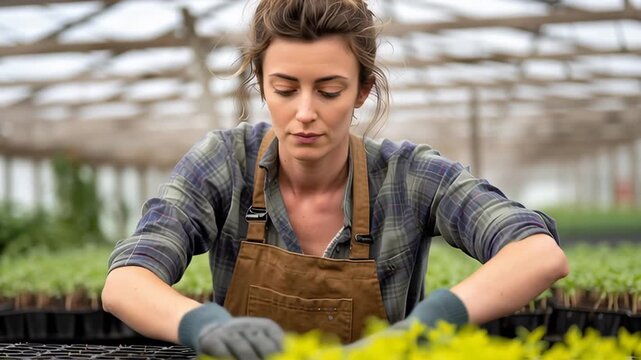 A woman is working in a greenhouse, tending to plants. She is wearing a plaid shirt and apron