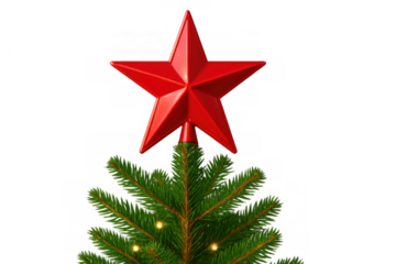 Red star tree topper decorating a christmas tree with glowing lights, celebrating winter holidays and festive season