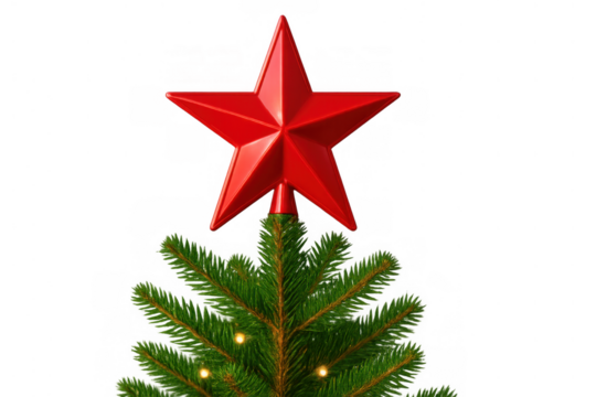 Red star tree topper decorating a christmas tree with glowing lights, celebrating winter holidays and festive season