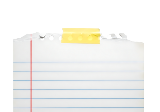 Torn piece of lined paper with tape isolated on transparent background